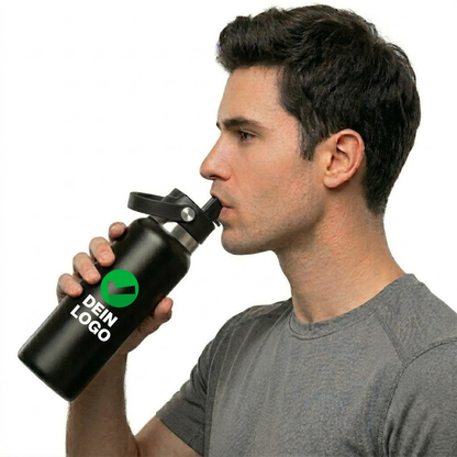 Thermo Edelstahl Sportflasche – 750 ml | Doppelwandig & mit Klapp-Strohhalm